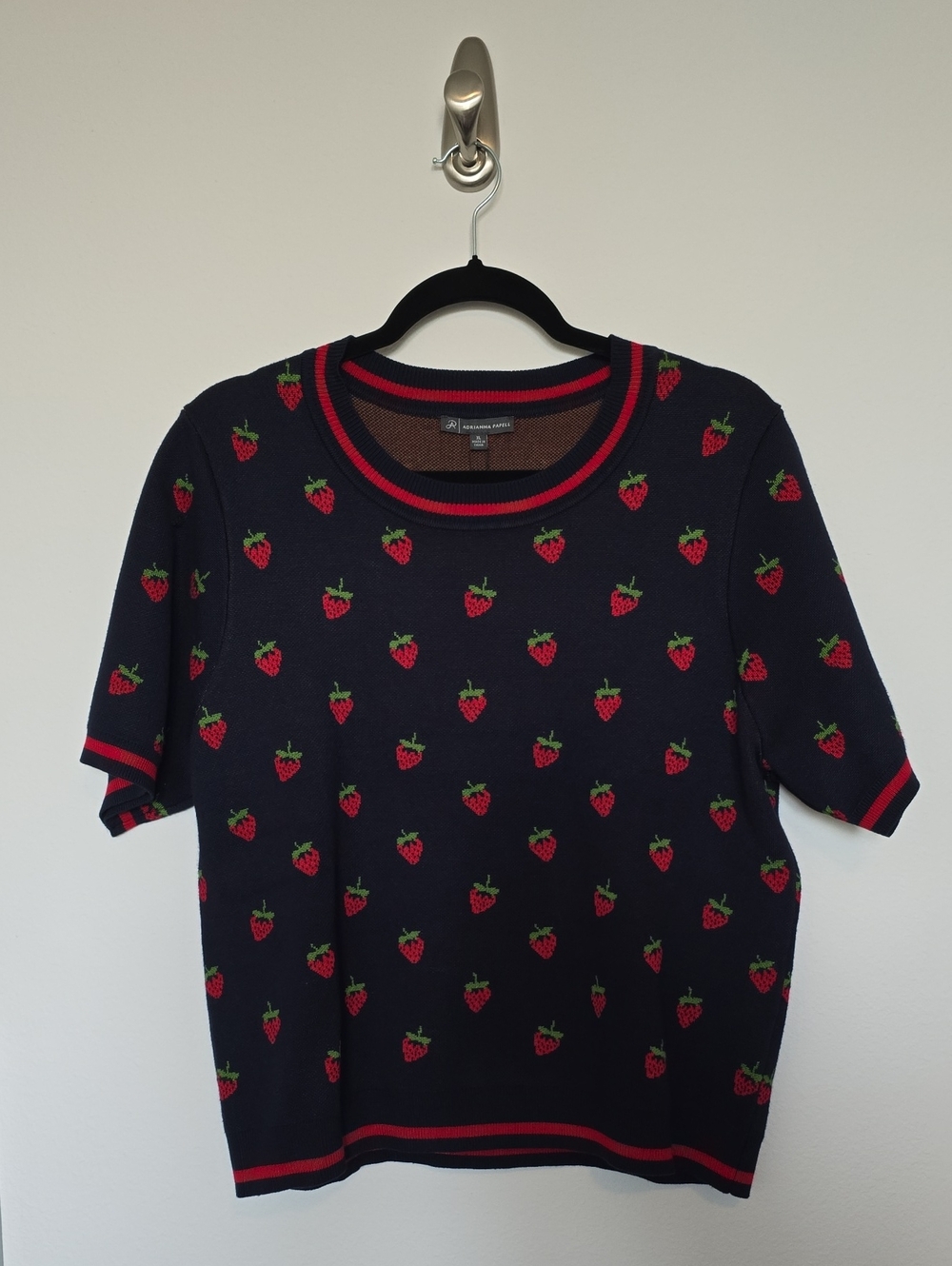 Adrianna Papell Navy Short-Sleeve Knit Sweater with Red Strawberry Motif